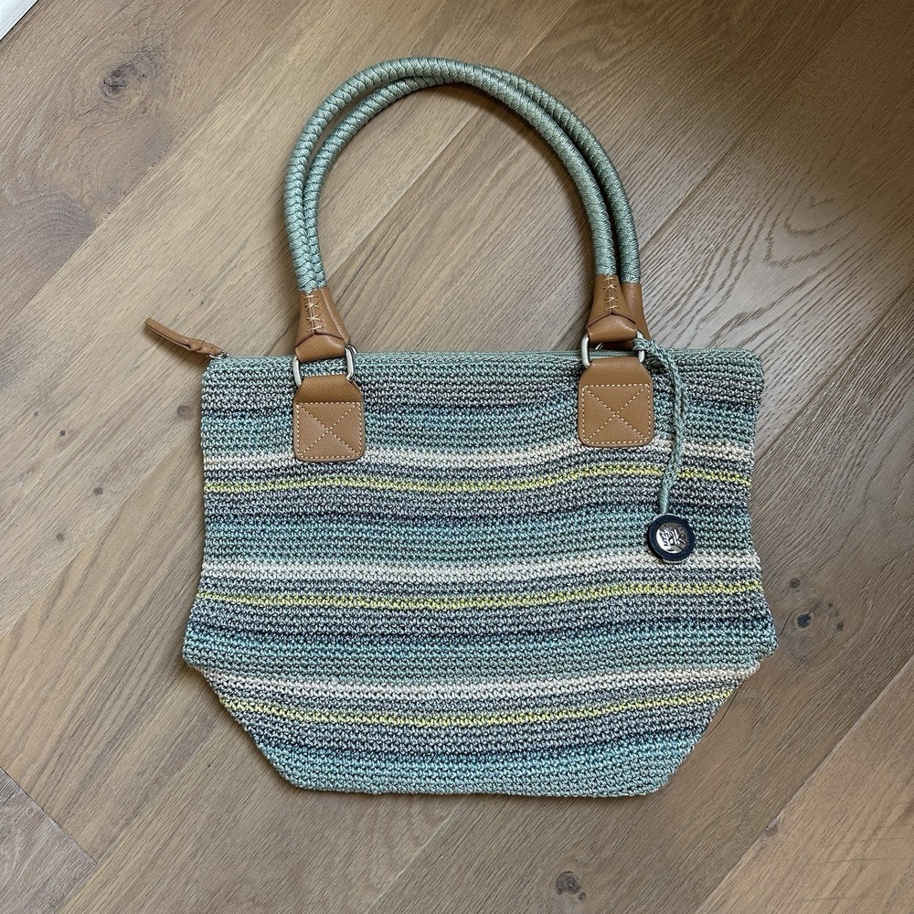 The Sak Cambria Crochet Aqua Stripe Shoulder‎ Bag Purse Double Handle